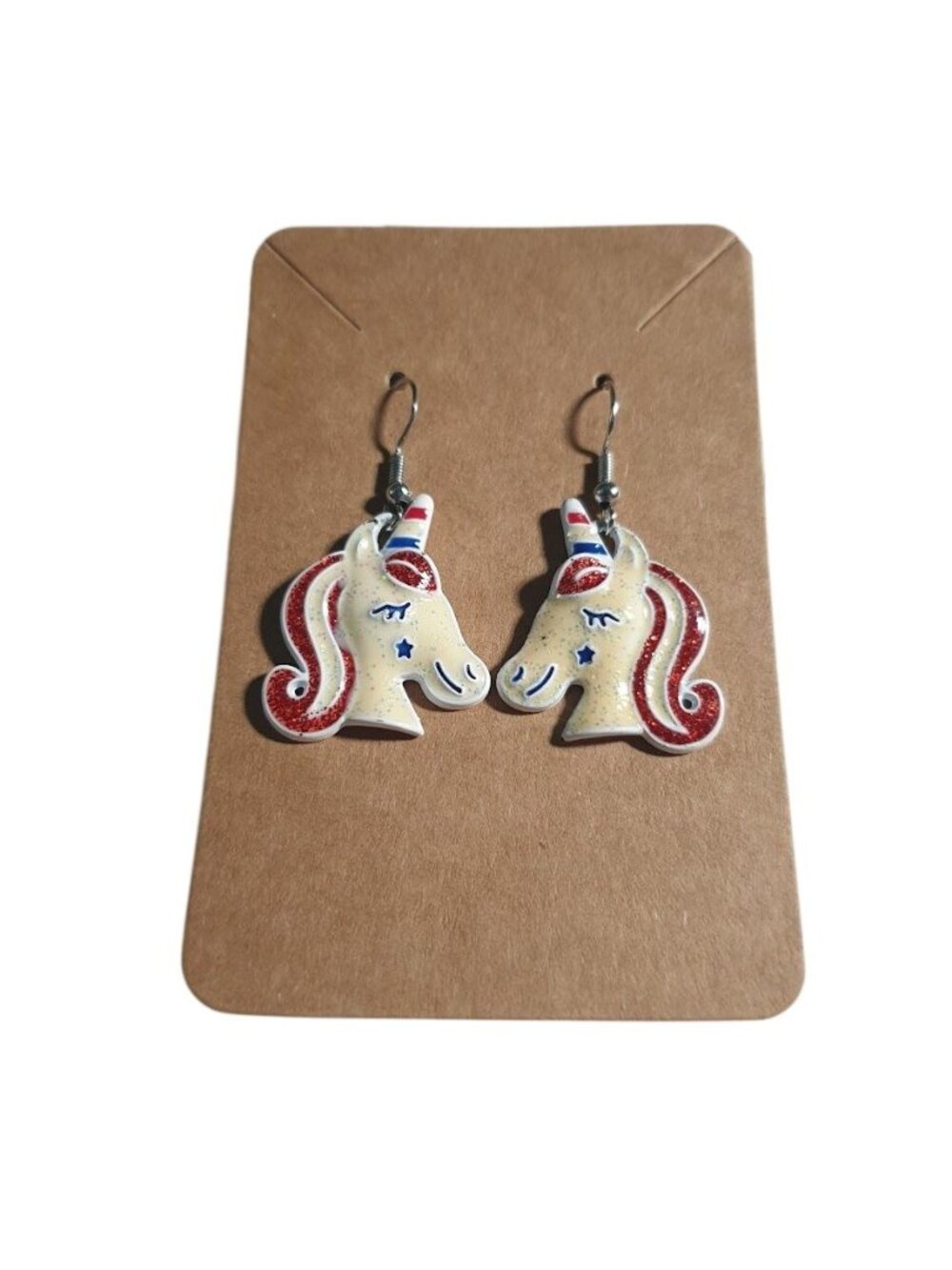 Patriotic Unicorn Earrings Glitter Red White Blue Dangle Hook Fun Jewelry Gift
